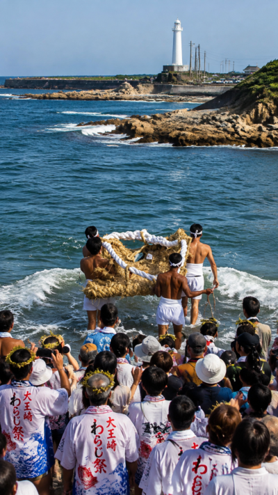 三重県志摩市大王崎で巨大なわらじを担いで練り歩くわらじ祭の様子。海辺の町に伝わる伝統行事の幻想的な風景