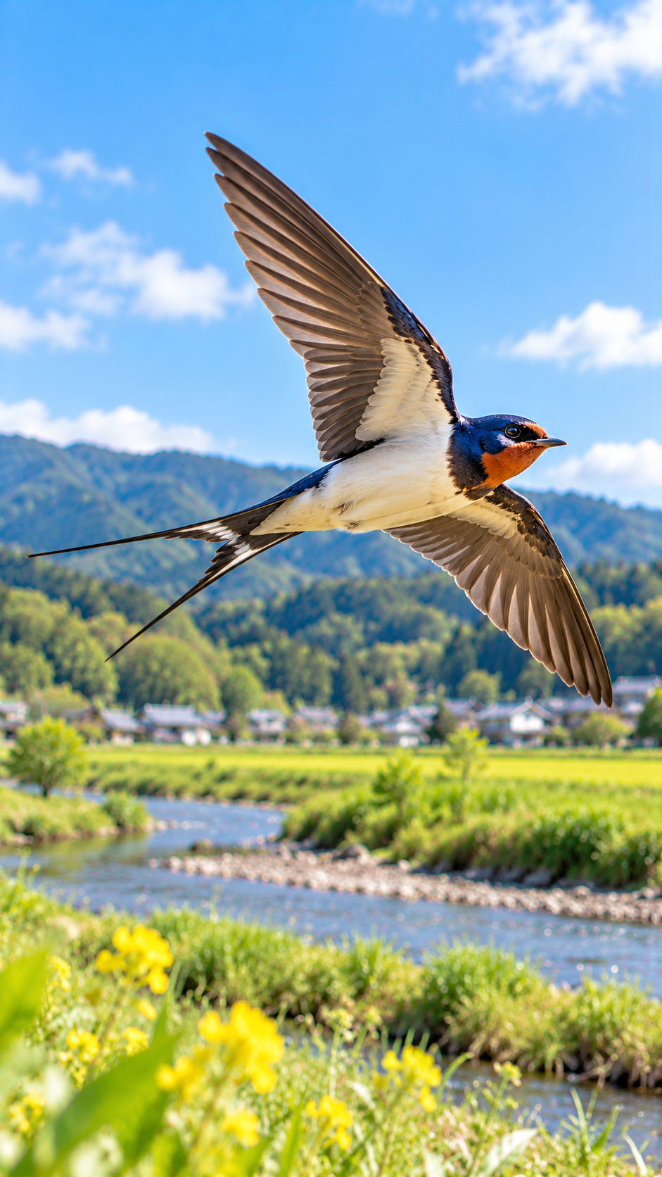 日本の農地や河川敷でツバメが飛び、青黒い背中、赤褐色の額と喉、白っぽい腹側、長く二股に分かれた尾を見せる野鳥の風景