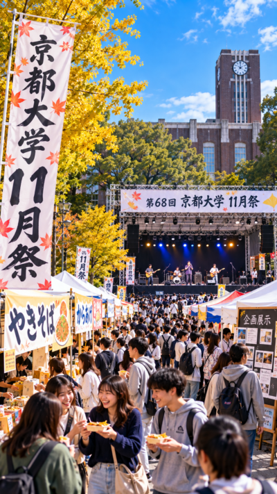京都大学吉田キャンパスで第68回11月祭が開催され、模擬店やステージ、音楽ライブ、展示、学生によるさまざまな企画を楽しむ多くの来場者で賑わう京都大学の学園祭の風景