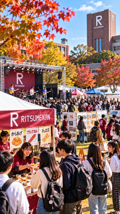 立命館大学の3キャンパスで学園祭が開催され、学生によるステージや模擬店、フリーマーケット、展示、団体企画などを楽しむ多くの来場者で賑わう学園祭の風景