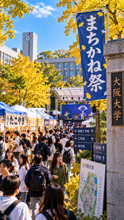 大阪府豊中市の大阪大学豊中キャンパスでまちかね祭が開催され、学生による模擬店やステージ、ライブ、展示、研究室公開など多彩な企画を楽しむ多くの来場者で賑わう大学祭の風景