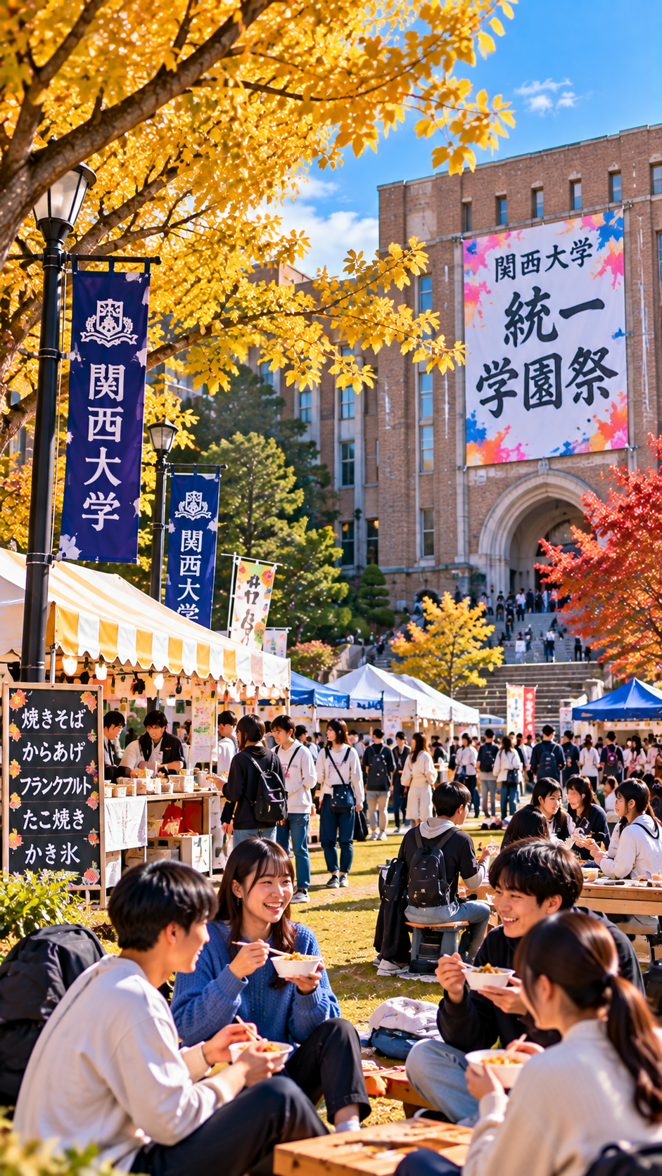 大阪府吹田市の関西大学千里山キャンパスで第49回関西大学統一学園祭が開催され、学生によるステージや音楽ライブ、模擬店、展示、団体企画などを楽しむ多くの来場者で賑わう大学祭の風景