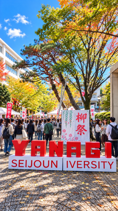 成城大学で開催される柳祭2026の会場風景。学生や来場者で賑わうキャンパスの大学祭