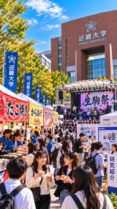 大阪府東大阪市の近畿大学東大阪キャンパスで第78回生駒祭が開催され、学生によるステージや音楽ライブ、学術企画、模擬店などを楽しむ多くの来場者で賑わう大学祭の風景