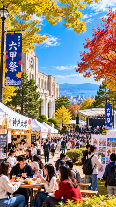 兵庫県神戸市の神戸大学六甲台キャンパスで六甲祭が開催され、学生によるステージや音楽ライブ、模擬店、展示、体験型企画などを楽しむ多くの来場者で賑わう大学祭の風景