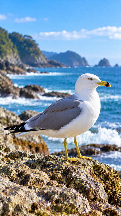 日本の海岸でウミネコが岩場を歩き、白い頭と腹側、灰色の背中、黒い翼端、黄色いくちばしと脚を見せる海鳥の風景