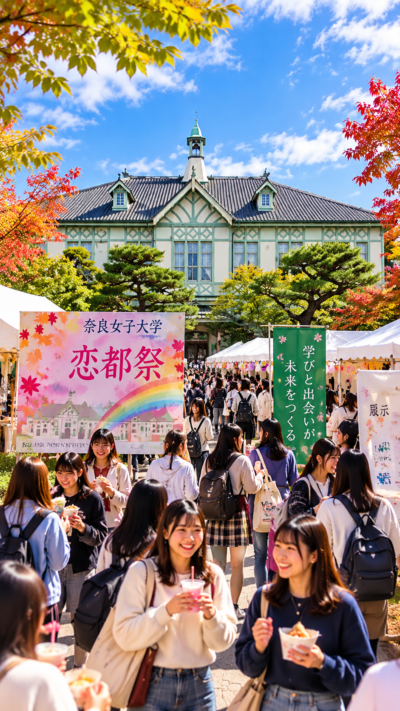 奈良県奈良市の奈良女子大学で恋都祭が開催され、学生によるステージや音楽、模擬店、展示、学術企画などを楽しむ多くの来場者で賑わう大学祭の風景