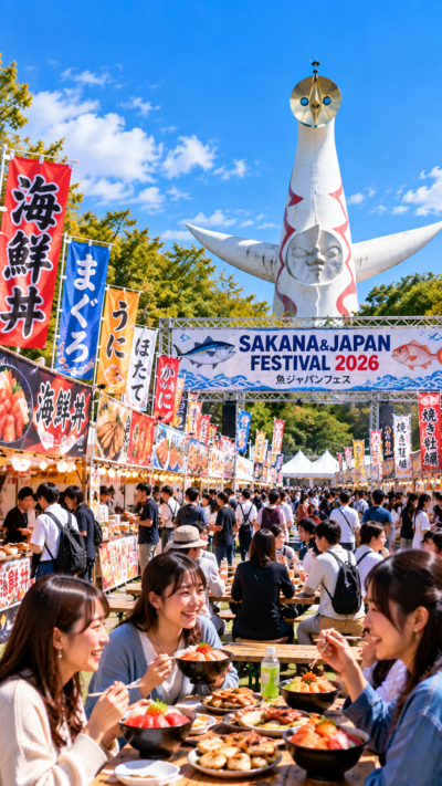 大阪府吹田市の万博記念公園お祭り広場でSAKANA&JAPAN FESTIVAL2026が開催され、全国各地の海鮮丼や魚介料理、漁師飯などのグルメブースが並び、多くの来場者で賑わう魚介グルメフェスの風景