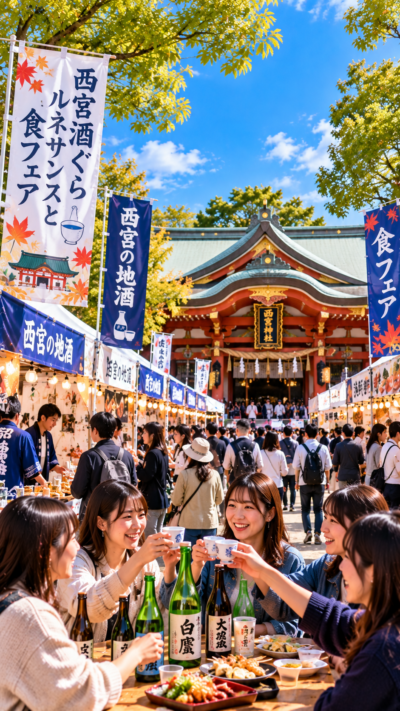 兵庫県西宮市の西宮神社で第30回西宮酒ぐらルネサンスと食フェアが開催され、日本酒の試飲・販売やグルメブース、地域産品マルシェなどが並び、多くの来場者で賑わう秋の食イベントの風景