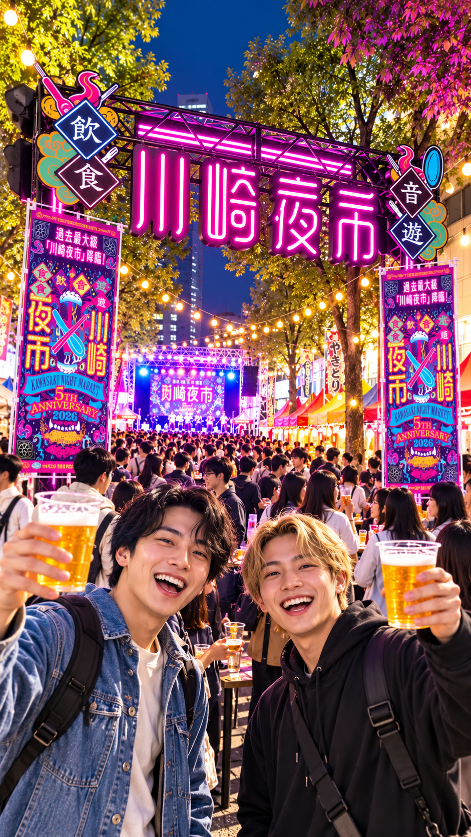 JR川崎駅東口一帯に屋台や飲食店が並び、多くの来場者で賑わう川崎夜市2026の会場風景