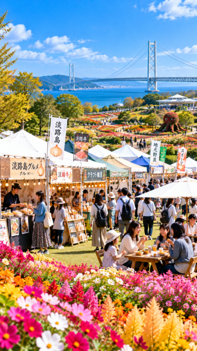 兵庫県淡路市の淡路島国営明石海峡公園でガーデンマルシェが開催され、芝生広場に地元の飲食店や雑貨店などのブースが並び、秋の花を眺めながら買い物や食事を楽しむ来場者で賑わう秋のマルシェの風景