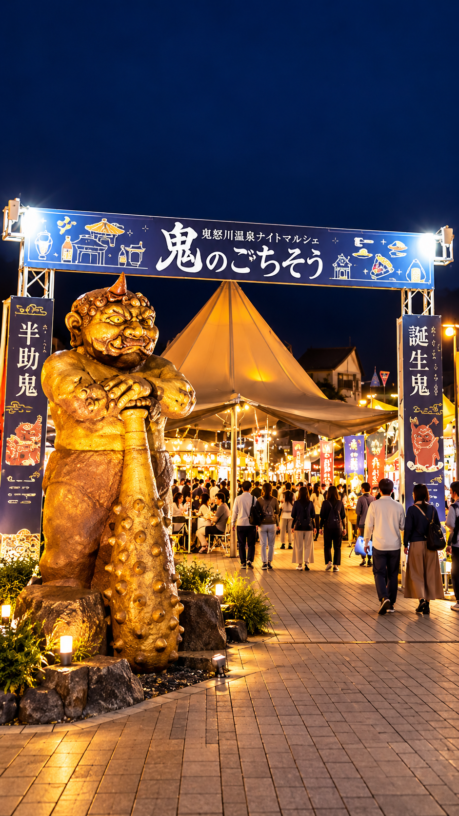 鬼怒川温泉駅前広場にキッチンカーや屋台が並び多くの人が夜のグルメを楽しむ鬼怒川温泉ナイトマルシェの風景