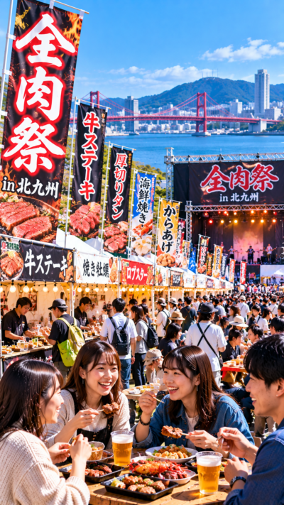 福岡県北九州市小倉北区のあさの汐風公園で全肉祭 in 北九州が開催され、肉料理や魚介グルメ、スイーツなどの屋台が並び、多くの来場者が食べ歩きを楽しむ秋の野外グルメイベントの風景