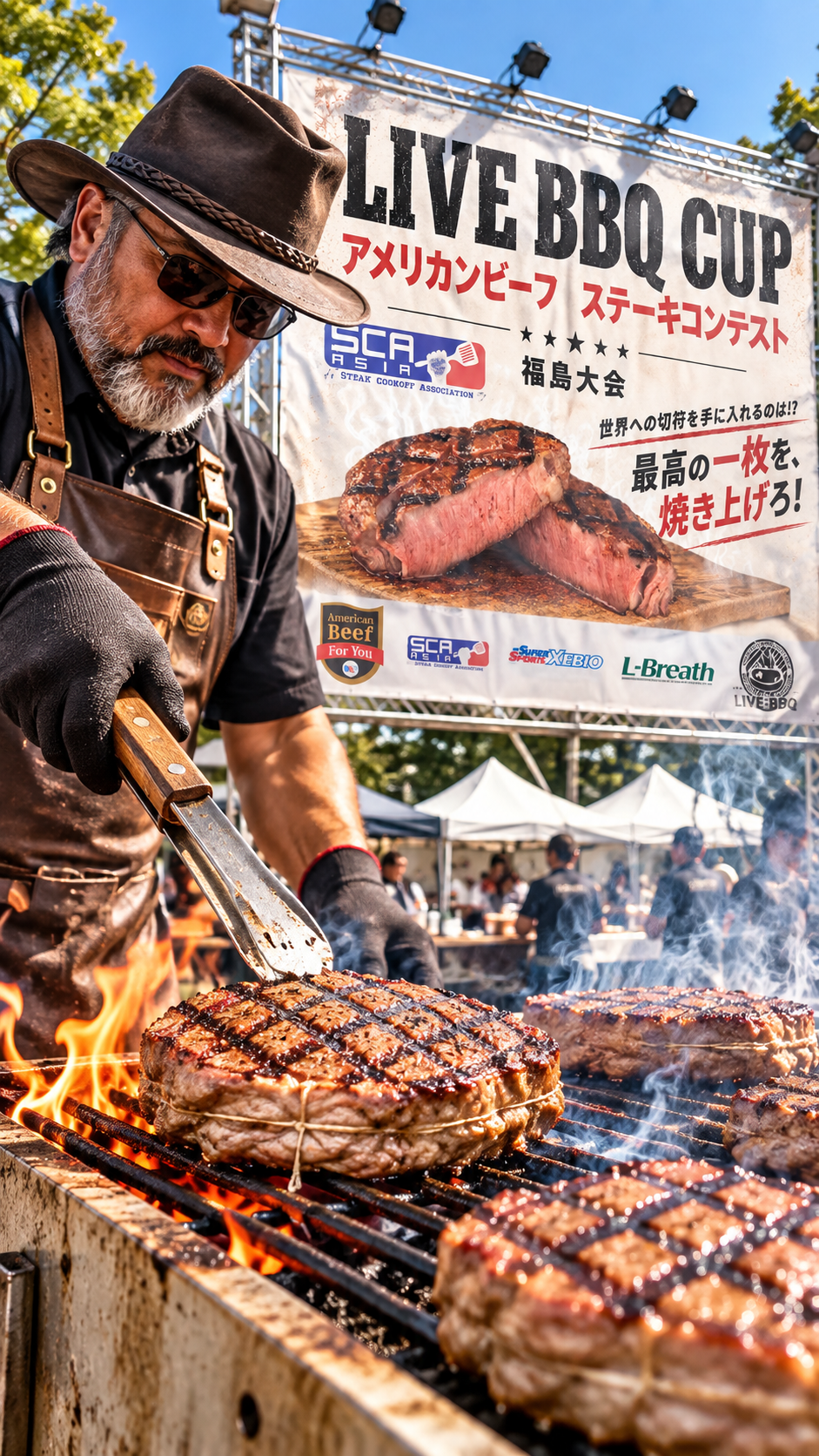 開成山BBQ GARDENでアメリカンビーフステーキを焼く参加者やBBQを楽しむ来場者で賑わうLIVE BBQ CUP SCA ASIA アメリカンビーフステーキ COOK OFF 2026の会場風景