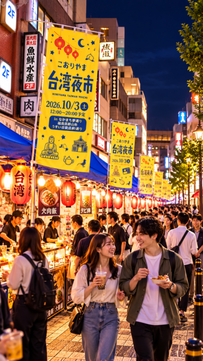 なかまち夢通りに台湾グルメや体験ブースが並び、多くの来場者で賑わうこおりやま台湾夜市2026の会場風景