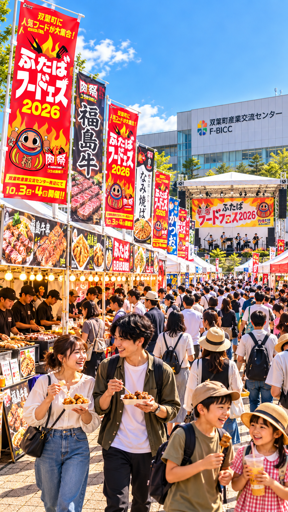 双葉町産業交流センター周辺に福島県内外のグルメブースが並び、多くの来場者で賑わうふたばフードフェス2026の会場風景