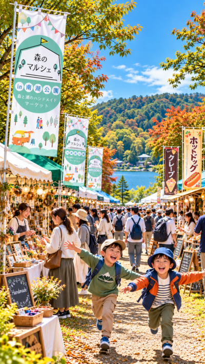 南湖公園の特設広場にハンドメイド作品やグルメ、スイーツなどのブースが並び、多くの来場者で賑わう森のマルシェ in 南湖公園の会場風景
