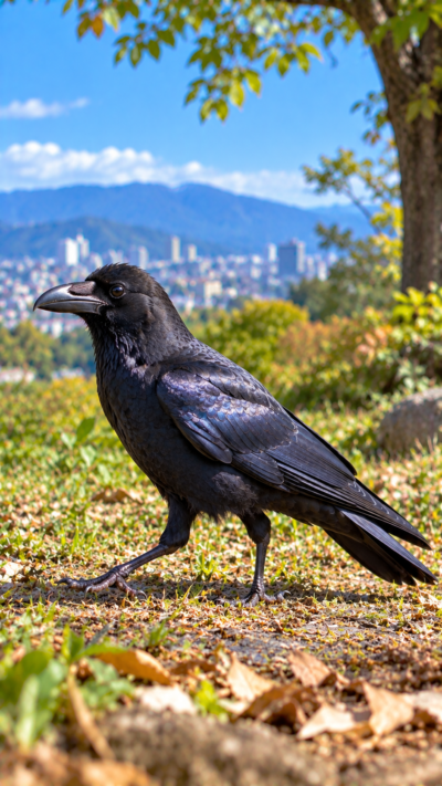 日本の都市や森林でハシブトガラスが地面を歩き、光沢のある黒い体、太く大きなくちばし、盛り上がった額を見せる野鳥の風景