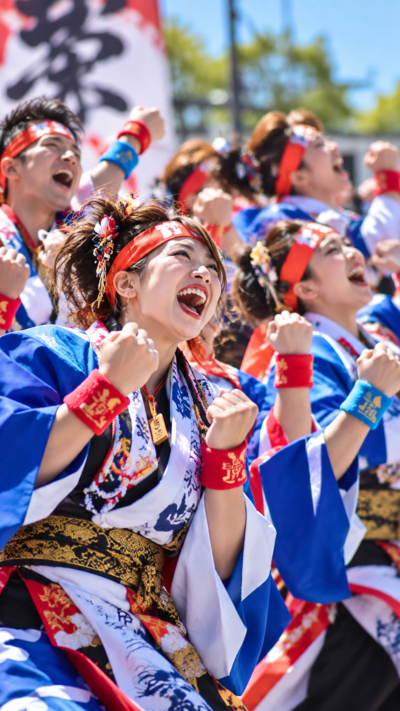 千葉市中央公園で色鮮やかな衣装のよさこいチームが迫力ある演舞を披露するちばYOSAKOI2026・ちば羽衣秋まつりの風景