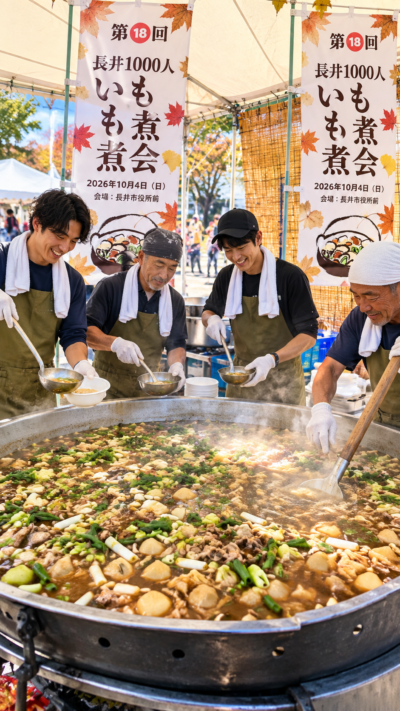 長井市役所前に大鍋のいも煮やグルメのブースが並び、多くの来場者で賑わう長井1000人いも煮会2026の会場風景