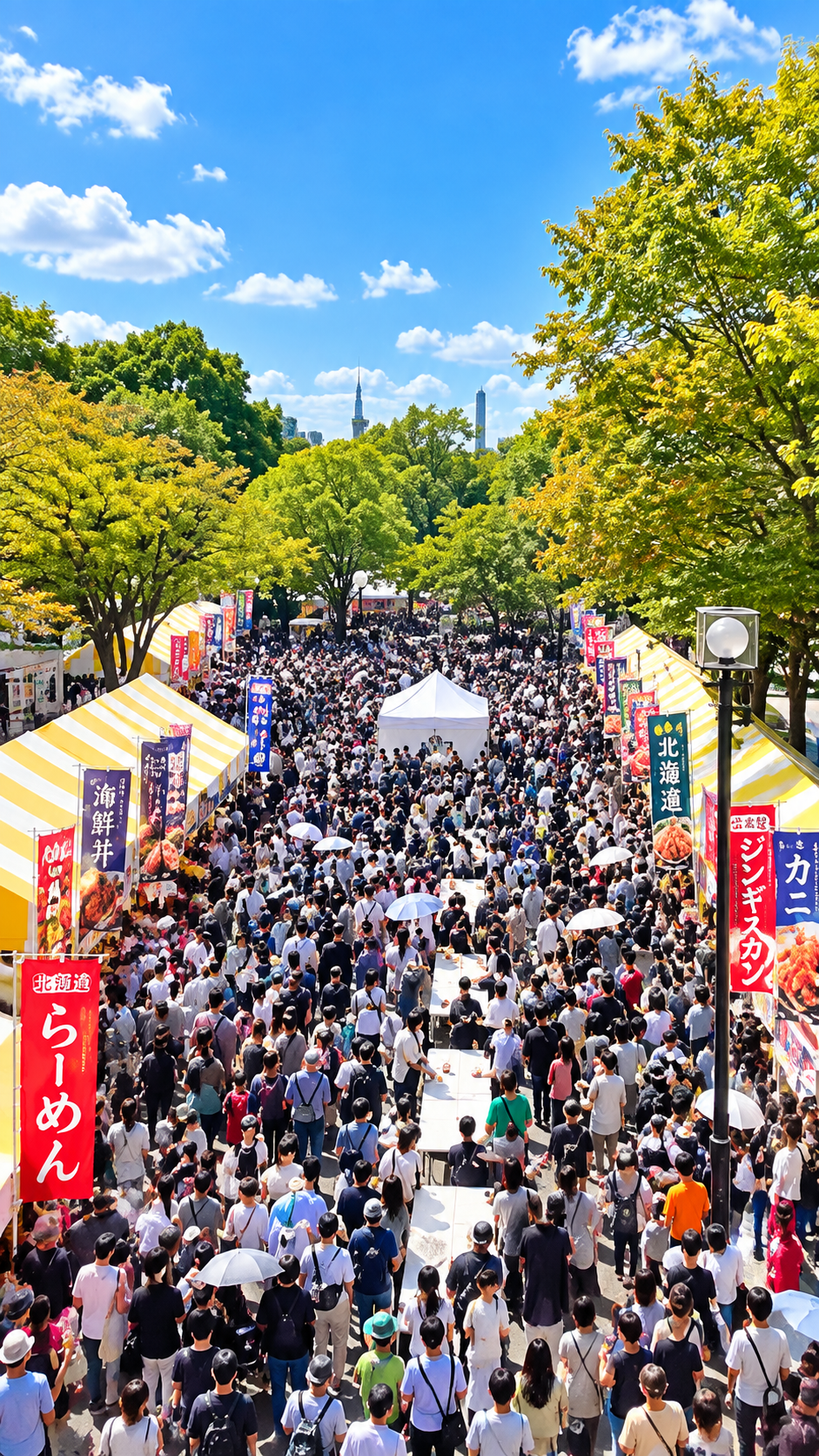 代々木公園に北海道の海鮮や肉料理などのグルメブースが並び多くの来場者で賑わう第36回北海道フェアin代々木2026の風景