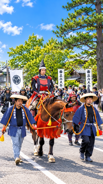 鶴岡の城下町を約400名の侍や甲冑武者、姫君などが練り歩く荘内大祭の大名行列の風景
