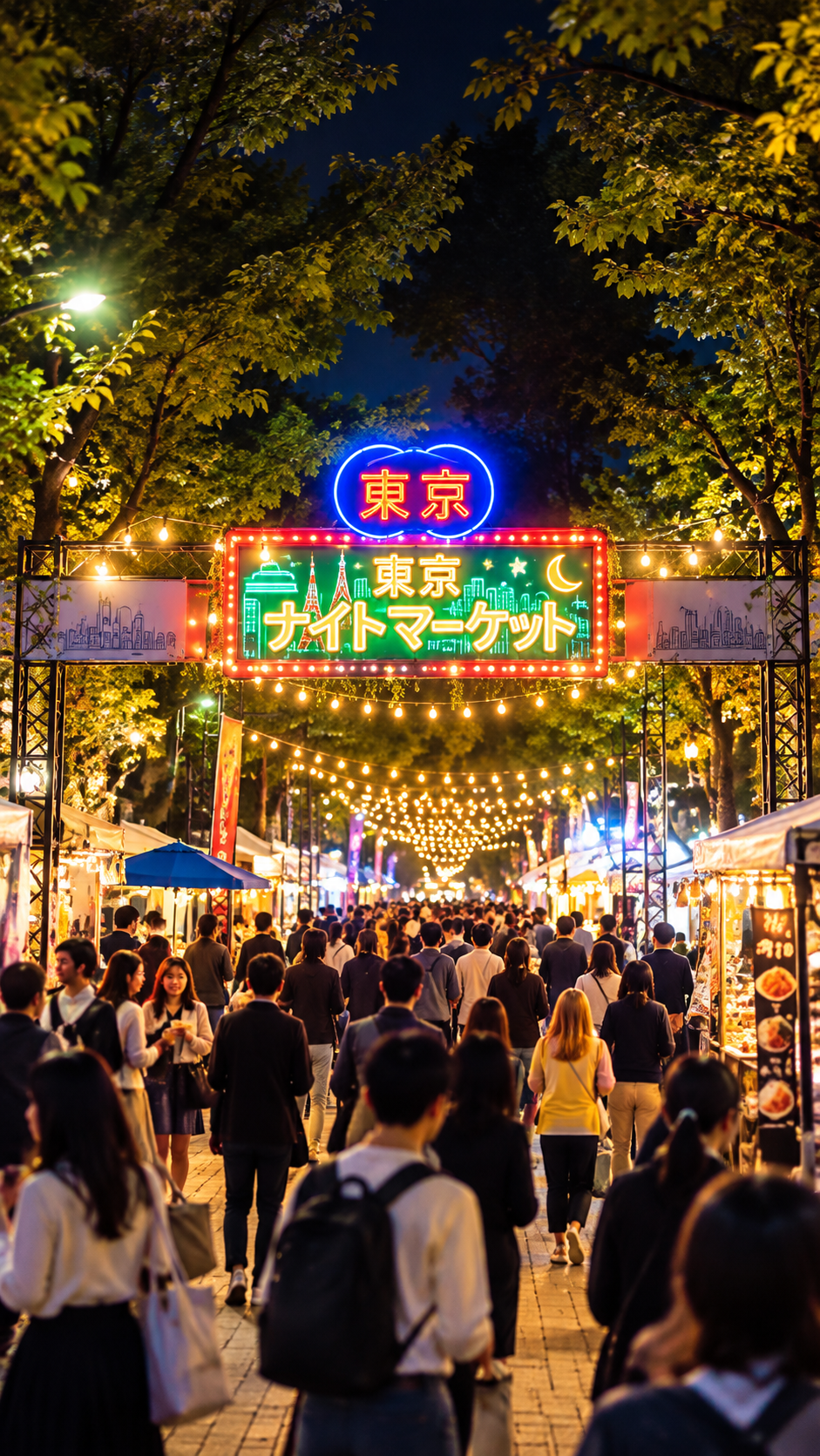 東京・代々木公園に飲食やマーケットのブースが並び多くの人が夜のイベントを楽しむ東京ナイトマーケット2026の風景
