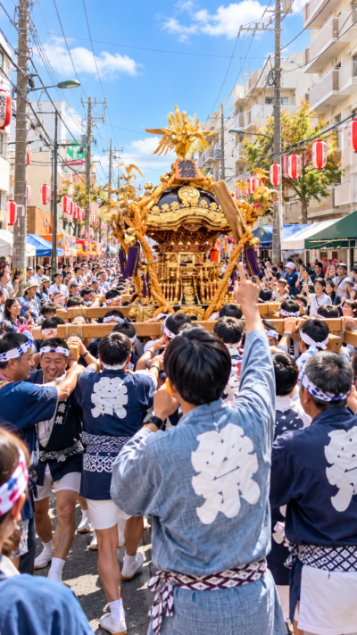 松戸市稔台の街中で神輿や出店が並び多くの人で賑わう稔台ふるさと祭りの風景