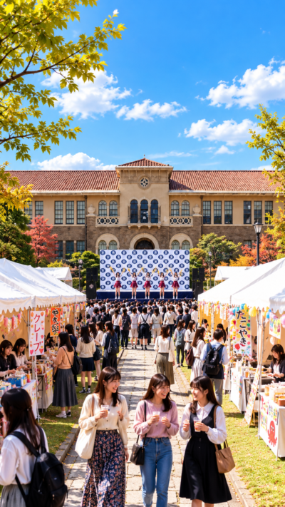 兵庫県西宮市の神戸女学院大学岡田山キャンパスで岡田山祭が開催され、学生によるステージや模擬店、チアリーディング、声劇などの企画を楽しむ多くの来場者で賑わう大学祭の風景