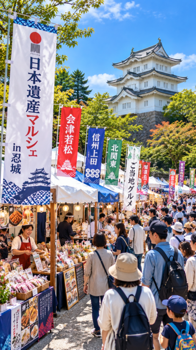 忍城址公園に日本遺産地域の特産品やグルメのブースが並び来場者で賑わう日本遺産マルシェ in 忍城の風景