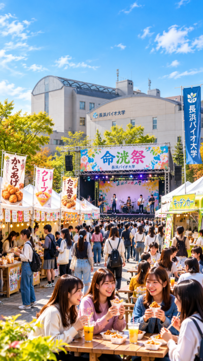滋賀県長浜市の長浜バイオ大学で命洸祭が開催され、学生によるステージや模擬店、キッチンカーマルシェ、ビンゴ大会などを楽しむ多くの来場者で賑わう大学祭の風景