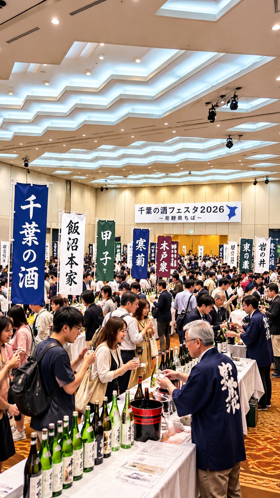 TKP東京ベイ幕張ホールで千葉県内18蔵の地酒が並び来場者が試飲を楽しむ千葉の酒フェスタ2026の風景