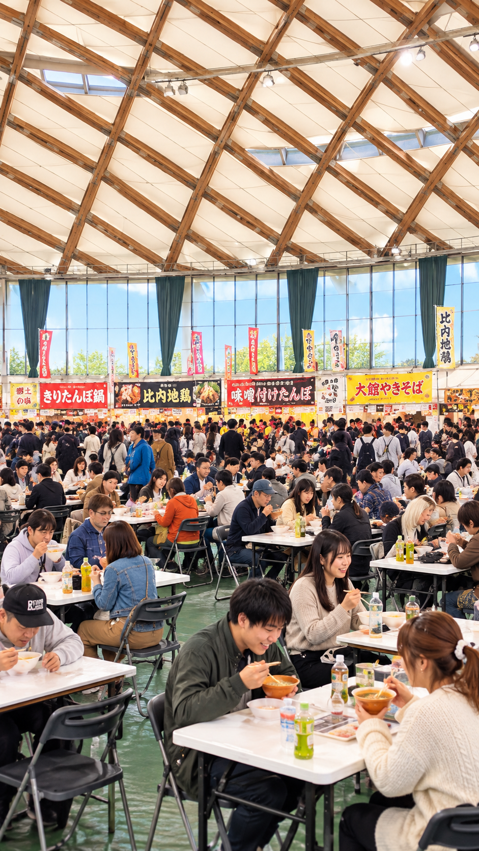 ニプロハチ公ドームにきりたんぽや比内地鶏などのグルメブースが並び、多くの来場者で賑わう本場大館きりたんぽまつりの会場風景