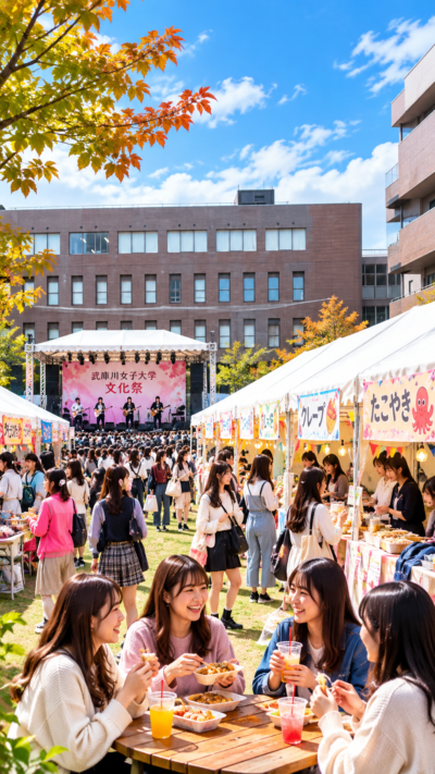 兵庫県西宮市の武庫川女子大学で第71回文化祭が開催され、学生によるステージや模擬店、野外ライブ、展示、キッチンカーなどが並び、多くの来場者で賑わう大学祭の風景