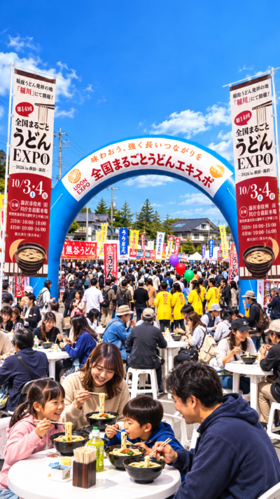 湯沢市役所稲川庁舎前に全国各地のご当地うどんブースが並び、多くの来場者で賑わう全国まるごとうどんEXPOの会場風景