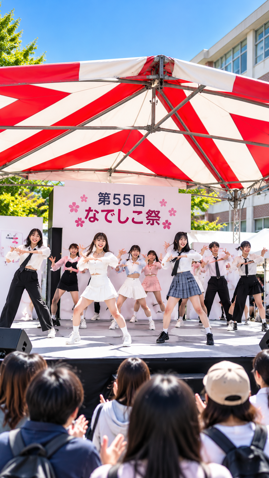 武蔵野学院大学のキャンパスに模擬店やイベントブースが並び学生や家族連れで賑わうなでしこ祭の風景