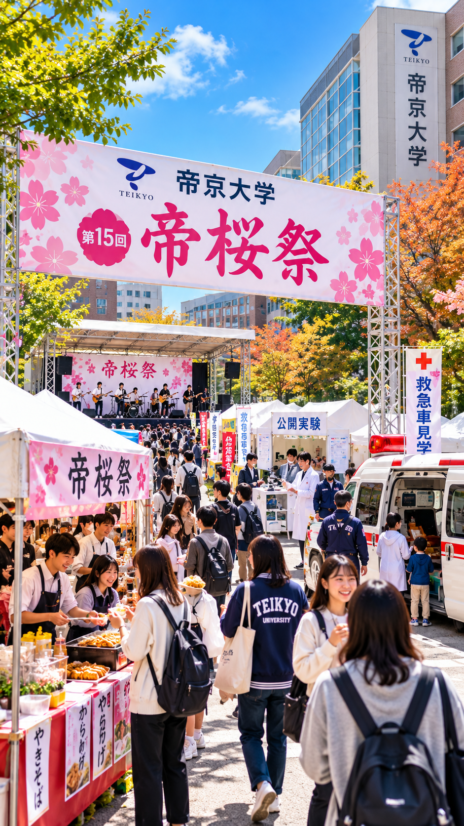 帝京大学板橋キャンパスで学生によるステージや模擬店などが行われ来場者で賑わう第15回帝桜祭の風景