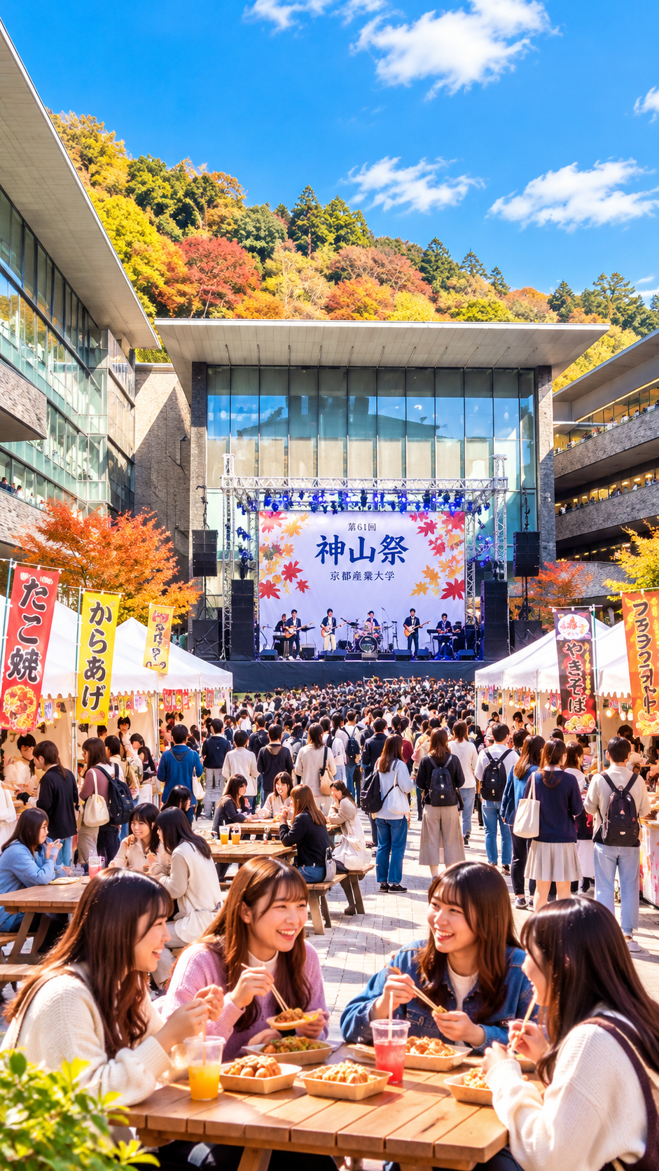 京都府京都市北区の京都産業大学で第61回神山祭が開催され、学生による模擬店やステージ、展示、音楽ライブなどが行われ、多くの来場者で賑わう秋の大学祭の風景