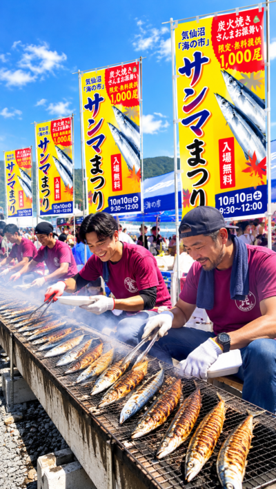 気仙沼「海の市」にサンマ料理のブースや炭火焼き会場が並び、多くの来場者で賑わうサンマまつりの会場風景