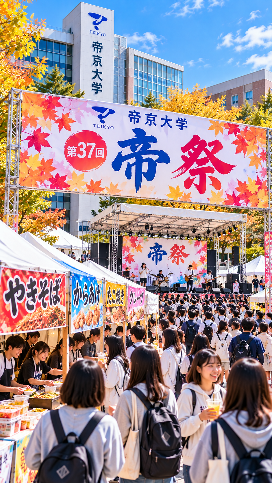 帝京大学宇都宮キャンパスにステージや学生企画が並び地域の来場者で賑わう第37回帝祭の風景