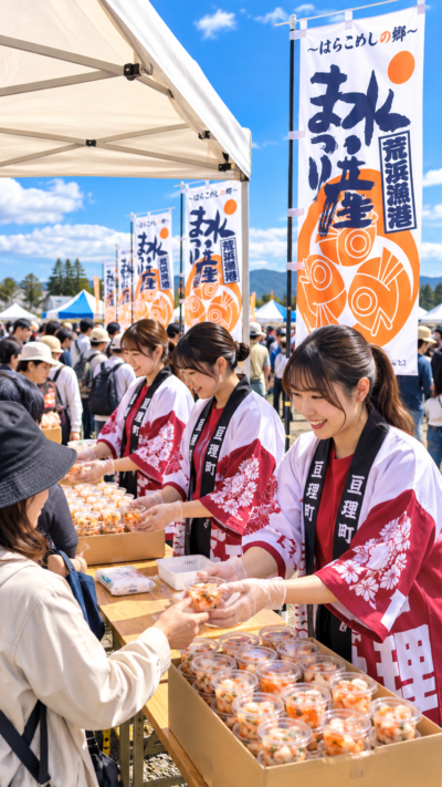 宮城県亘理町の荒浜漁港水産まつりで新鮮な魚介やはらこめしを楽しむ来場者で賑わう会場風景