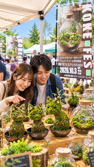 栗駒山麓ジオパークビジターセンターで苔の展示や苔テラリウム体験、栗原グルメのマルシェを楽しむ来場者で賑わう栗原苔フェスティバル2026の会場風景