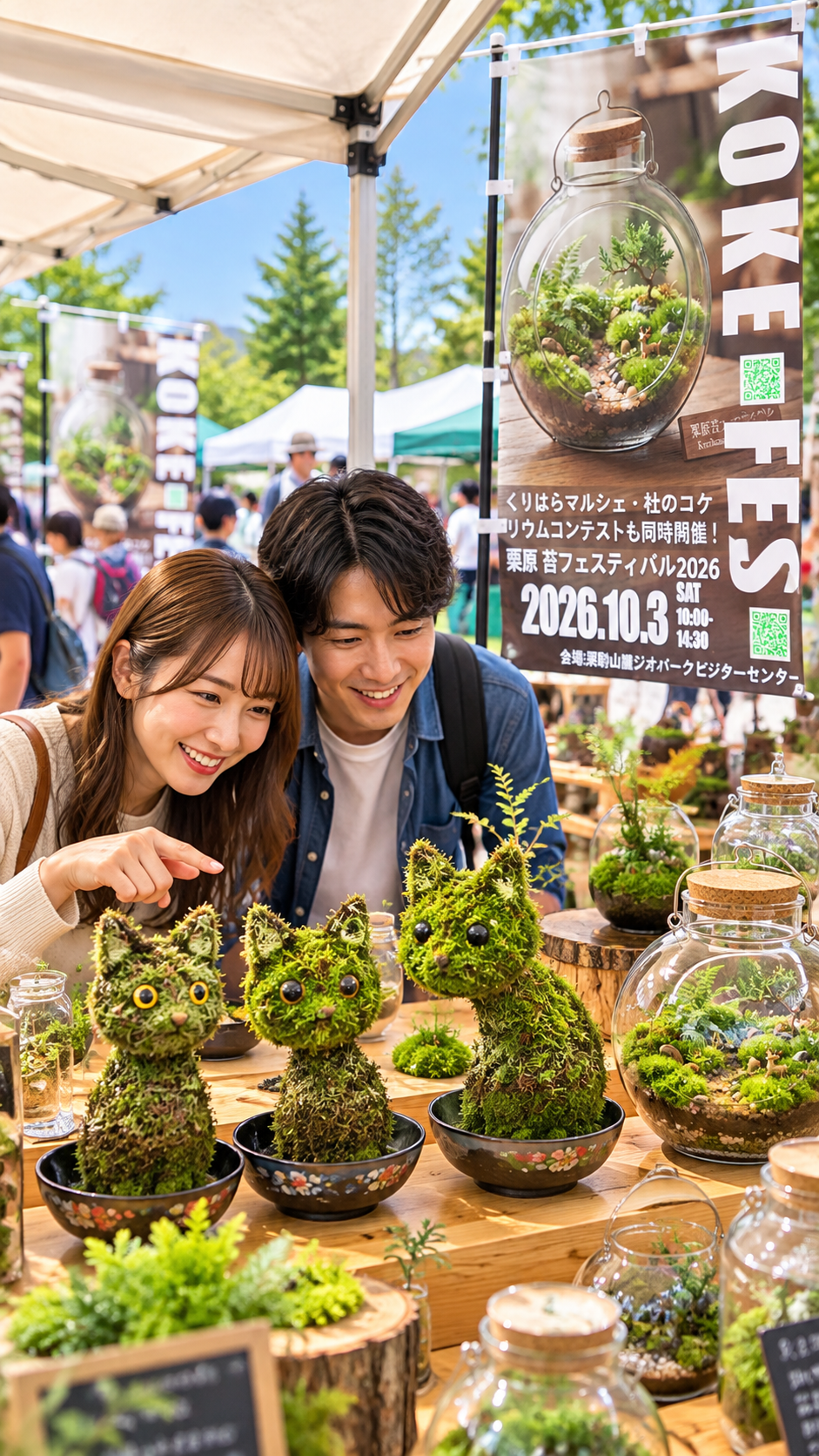 栗駒山麓ジオパークビジターセンターで苔の展示や苔テラリウム体験、栗原グルメのマルシェを楽しむ来場者で賑わう栗原苔フェスティバル2026の会場風景