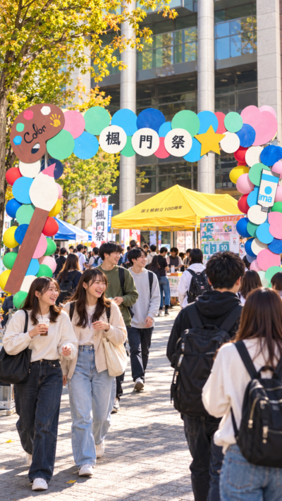国士舘大学世田谷キャンパスで模擬店やステージ、展示などが行われ多くの来場者で賑わう楓門祭の会場風景