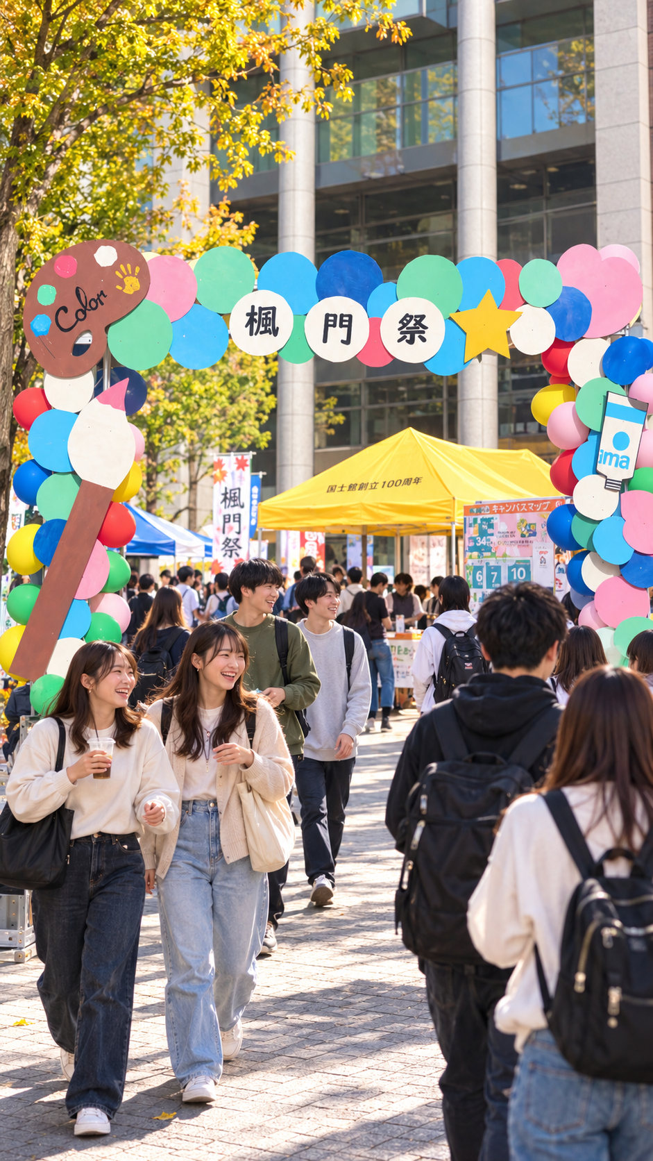 国士舘大学世田谷キャンパスで模擬店やステージ、展示などが行われ多くの来場者で賑わう楓門祭の会場風景