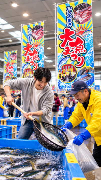 石巻魚市場に魚介類の販売ブースやイベント会場が並び、多くの来場者で賑わう第37回いしのまき大漁まつりの会場風景
