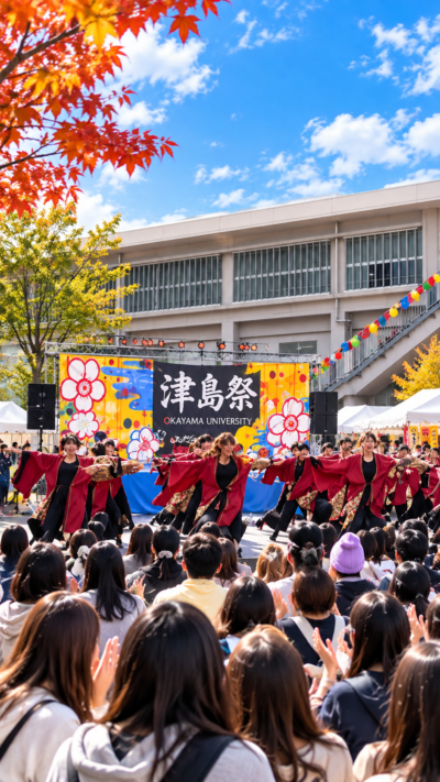 岡山県岡山市北区の岡山大学津島キャンパスで津島祭が開催され、学生による模擬店やステージ、展示、音楽ライブなどが行われ、多くの来場者で賑わう秋の大学祭の風景
