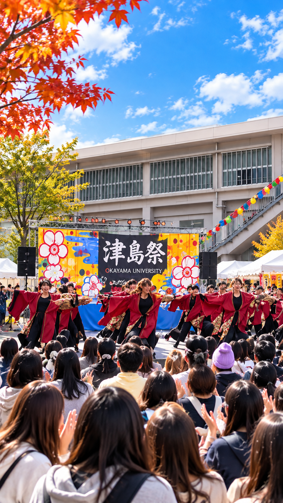 岡山県岡山市北区の岡山大学津島キャンパスで津島祭が開催され、学生による模擬店やステージ、展示、音楽ライブなどが行われ、多くの来場者で賑わう秋の大学祭の風景