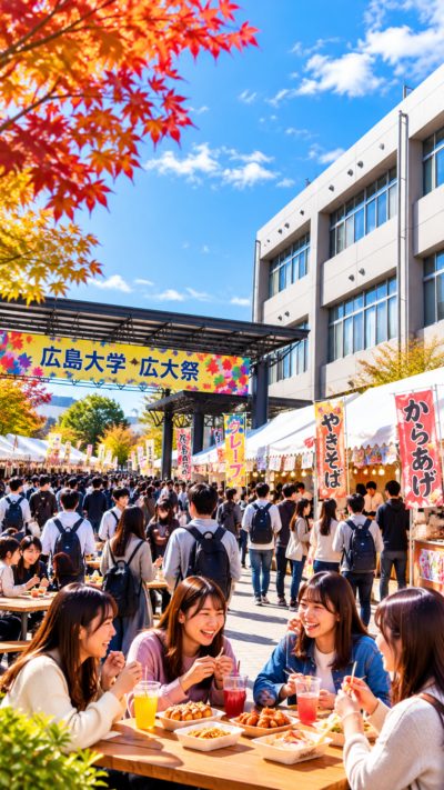 広島県東広島市の広島大学東広島キャンパスで第75回広大祭が開催され、学生によるステージや模擬店、屋内外の展示などが行われ、多くの来場者で賑わう秋の大学祭の風景