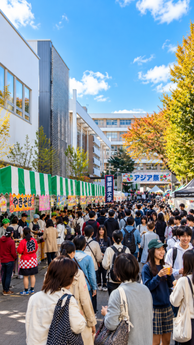 東京都武蔵野市の亜細亜大学でアジア祭が開催され、学生による模擬店やステージ、展示などが行われ、多くの来場者で賑わう秋の大学祭の風景
